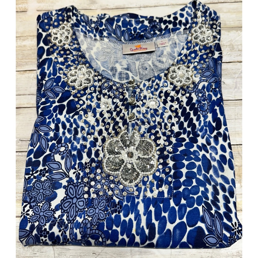 Quacker Factory Blue White Floral Print Sequin Tunic Top Womens Large